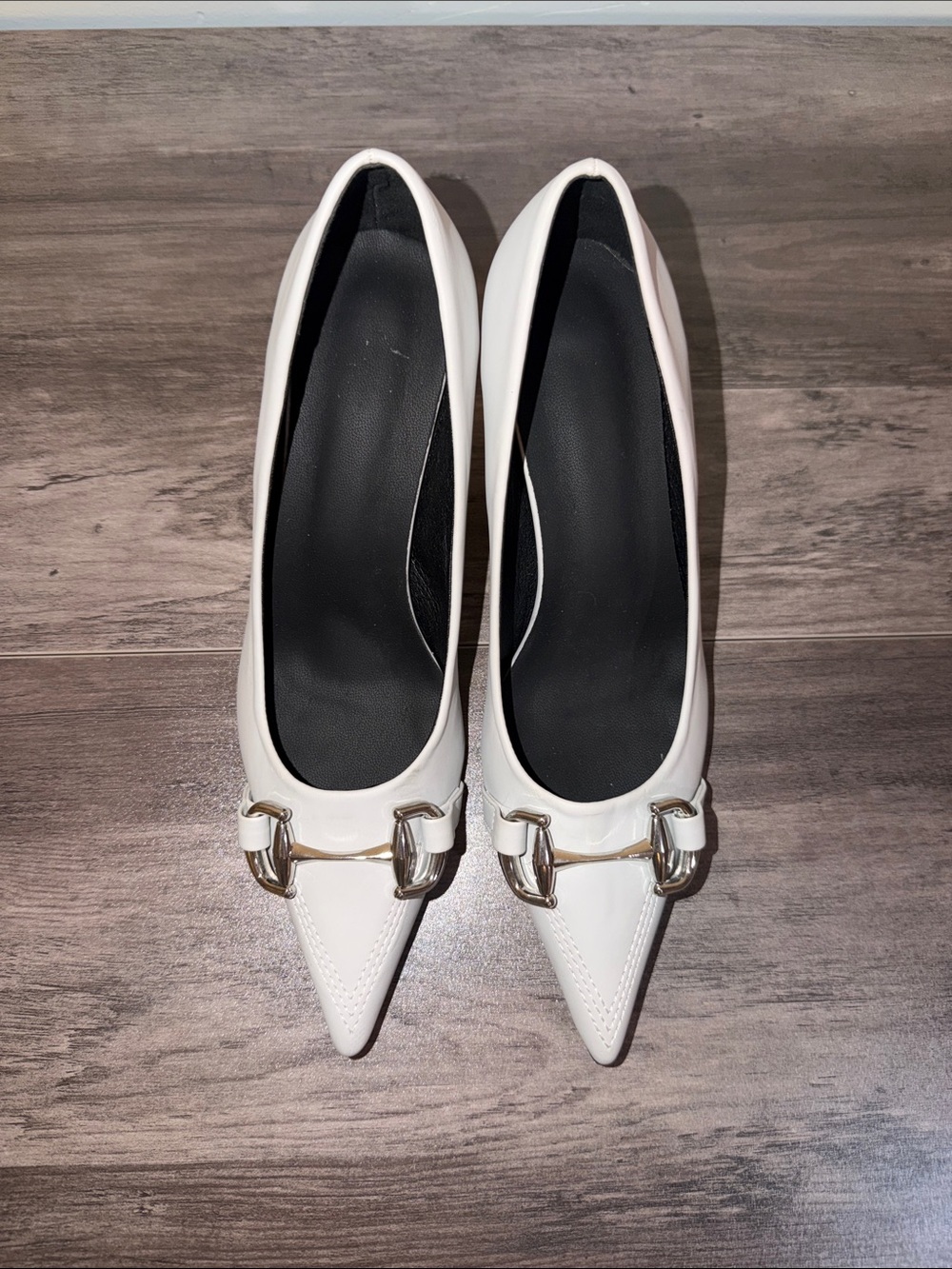 Grey Pointed Toe Slip-On heels with Silver Horsebit